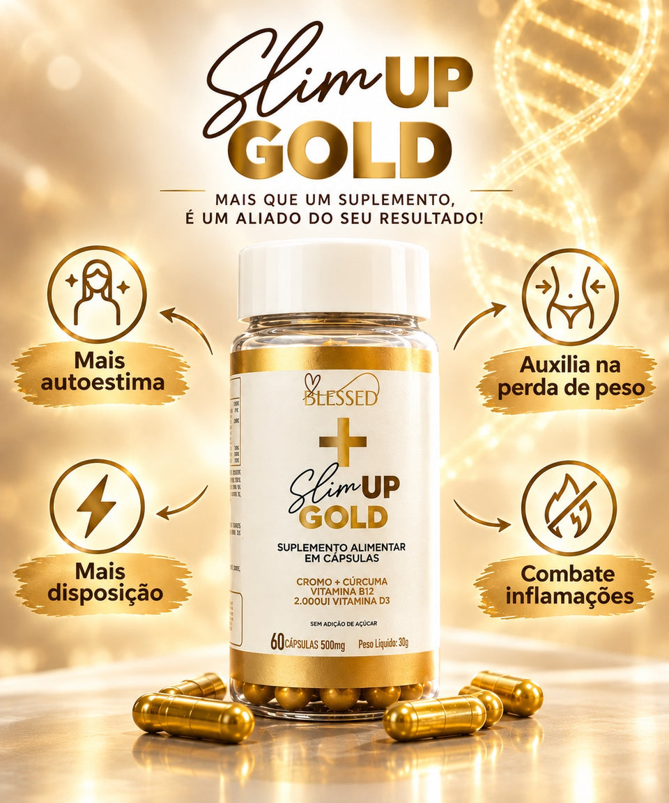 Pote de Slim Up Gold com os benefícios: mais autoestima, mais disposição, auxilia na perda de peso e combate inflamações